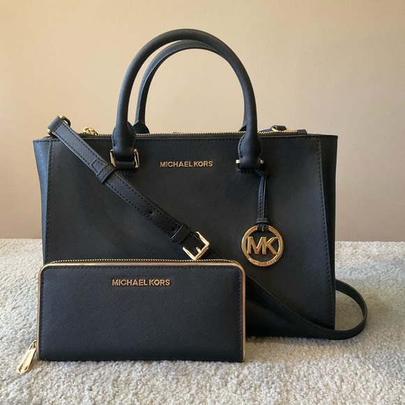 Michael Kors Kellen MD Black Saffiano Leather Satchel and Wallet Set - Picture 1 of 15